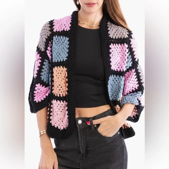 SAACHI NWT Vintage Inspired Boho Granny Square Knit Cardigan Sweater size O/S - Picture 3 of 17